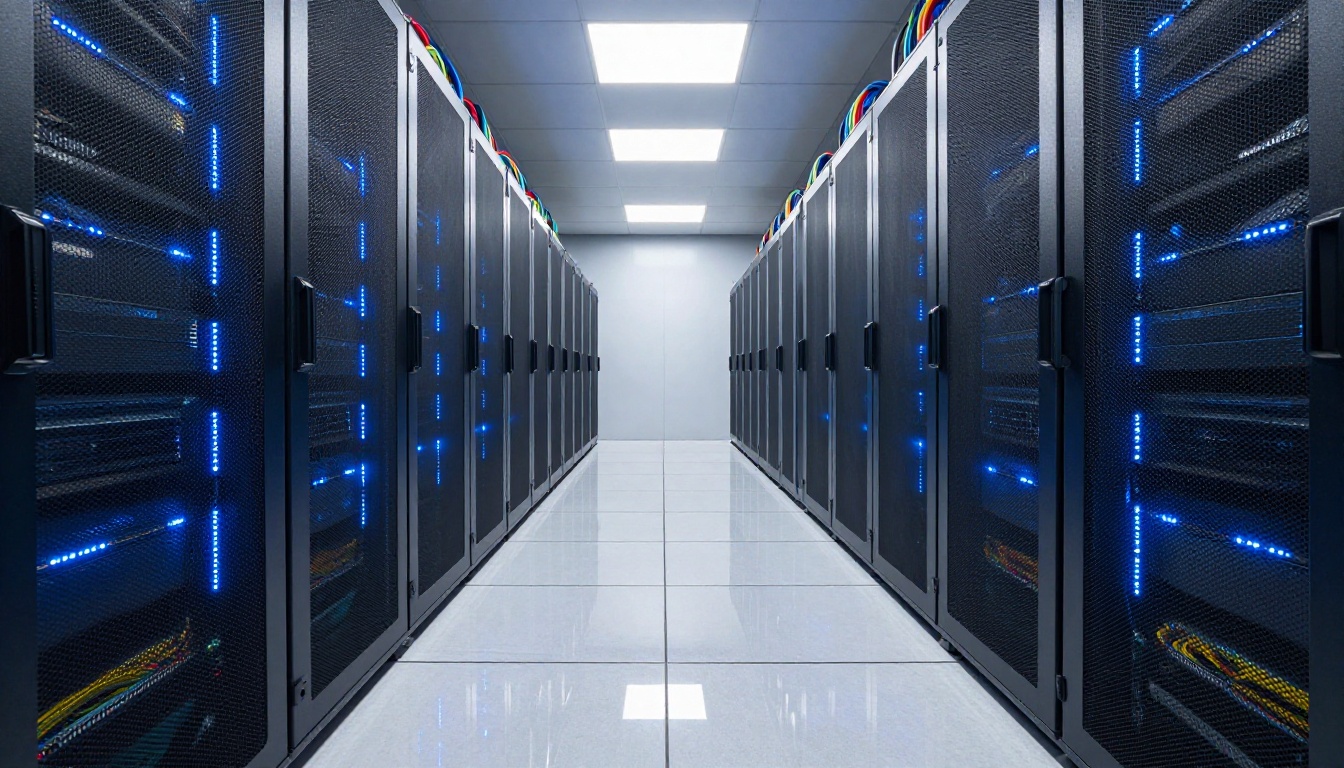 Low-angle shot of a data center aisle with blue LED server lights and reflective polished floor Low-angle shot of a data center aisle with blue LED server lights and reflective polished floor