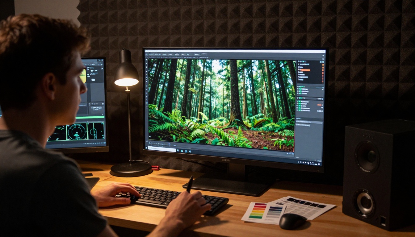 Professional cinematographer reviewing footage on a large broadcast monitor in a dim color grading suite Professional cinematographer reviewing footage on a large broadcast monitor in a dim color grading suite
