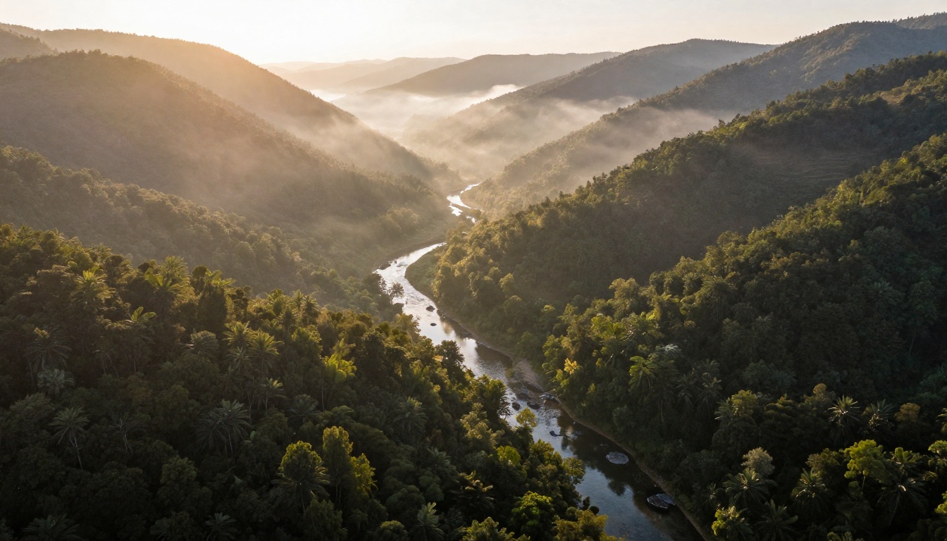 Aerial shot of a misty mountain valley at golden hour showing two zones of dramatically different image clarity Aerial shot of a misty mountain valley at golden hour showing two zones of dramatically different image clarity