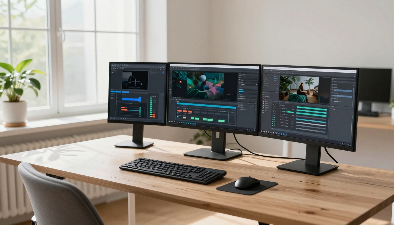 Content creator at a bright modern home office with multiple monitors showing AI video generation dashboards Content creator at a bright modern home office with multiple monitors showing AI video generation dashboards