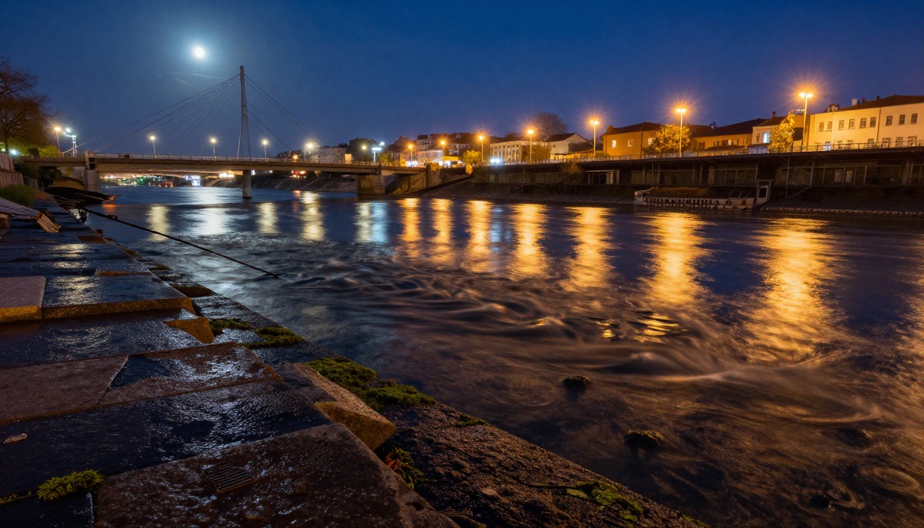 Long-exposure night photography of a city river with silky motion-blurred water and crisp bridge architecture Long-exposure night photography of a city river with silky motion-blurred water and crisp bridge architecture