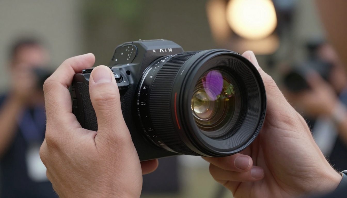 Close-up of a filmmaker's hands holding a professional cinema camera lens with shallow depth of field and production set background Close-up of a filmmaker's hands holding a professional cinema camera lens with shallow depth of field and production set background