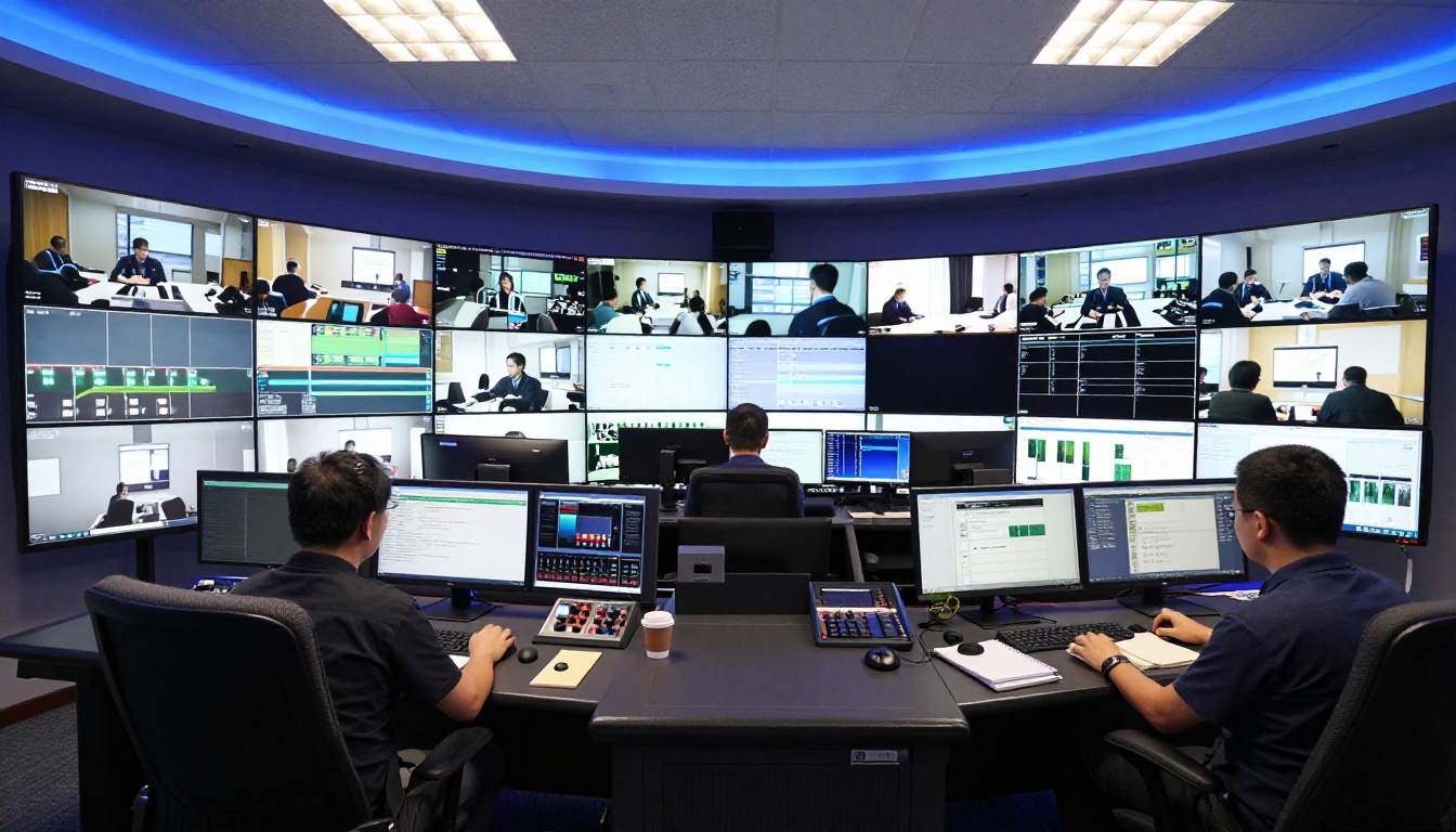 Professional video production control room with a curved bank of monitors and multiple operators at stations Professional video production control room with a curved bank of monitors and multiple operators at stations