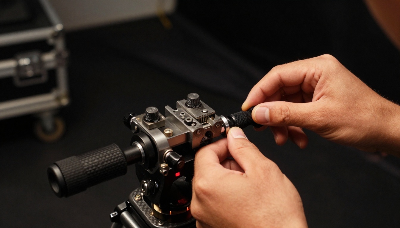 Cinematographer's hands adjusting fluid head gimbal pan drag control in a dimly lit soundstage Cinematographer's hands adjusting fluid head gimbal pan drag control in a dimly lit soundstage