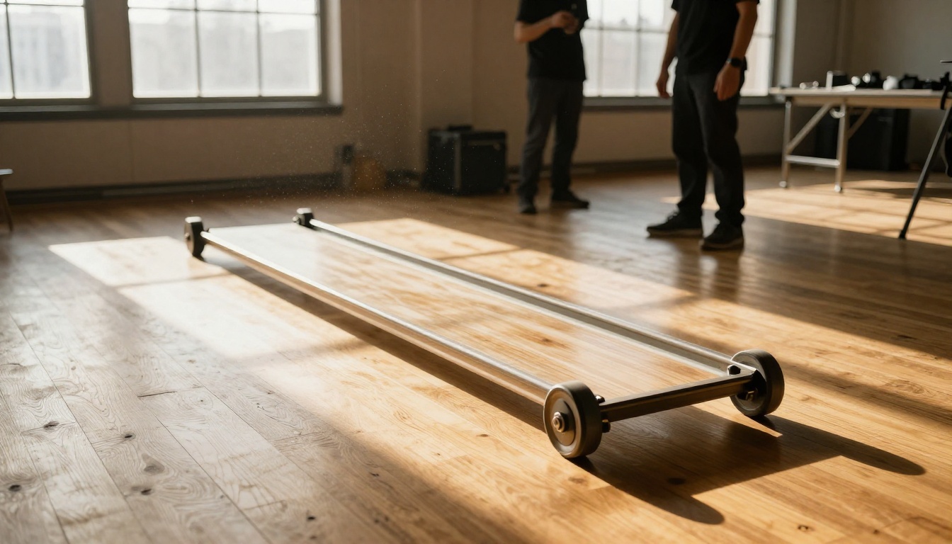 Long dolly track system across polished studio floor with golden afternoon light streaming through industrial windows Long dolly track system across polished studio floor with golden afternoon light streaming through industrial windows