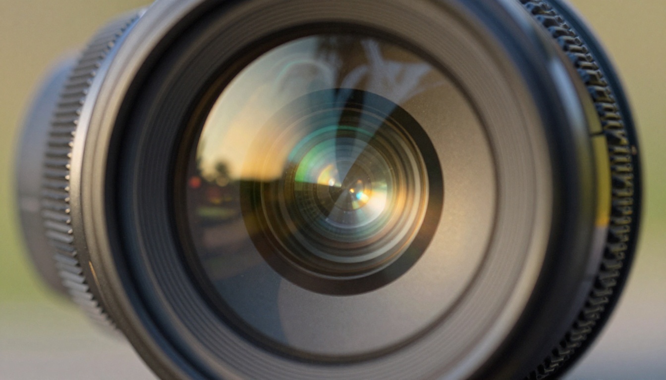 Macro photography through cinema lens interior showing stacked glass elements and aperture blades Macro photography through cinema lens interior showing stacked glass elements and aperture blades