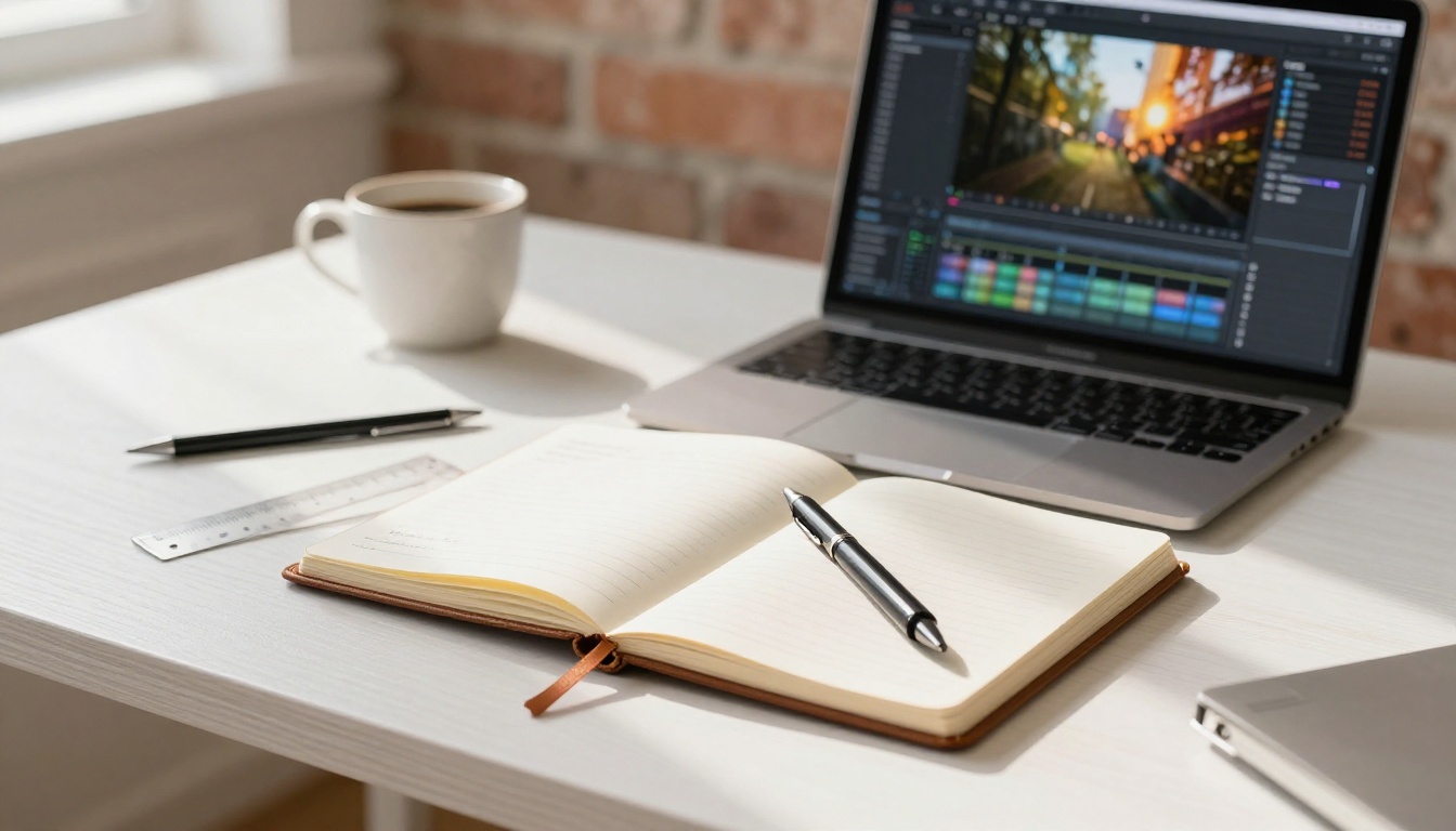 Creative director writing camera movement notation in a leather notebook at minimalist oak desk Creative director writing camera movement notation in a leather notebook at minimalist oak desk