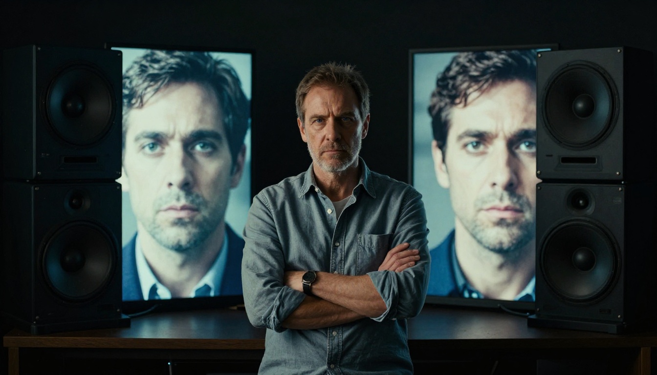 Film director comparing two cinematic video frames on dual professional reference monitors Film director comparing two cinematic video frames on dual professional reference monitors