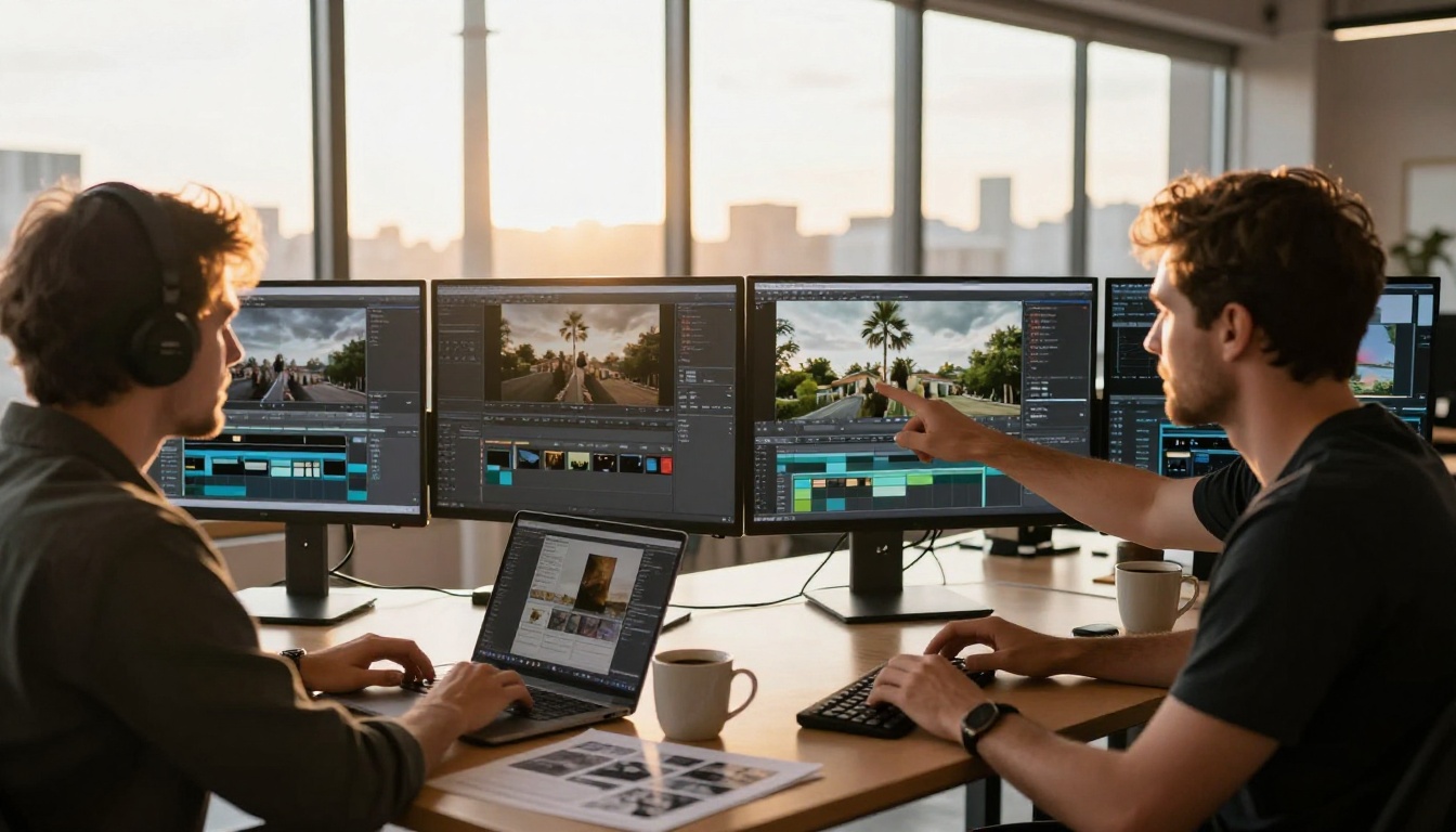 Two video creators collaborating at standing desk with AI video generation interfaces on screens Two video creators collaborating at standing desk with AI video generation interfaces on screens