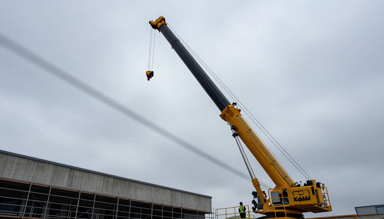 Film crane arm fully extended toward overcast sky with safety-vested crew operator at base Film crane arm fully extended toward overcast sky with safety-vested crew operator at base