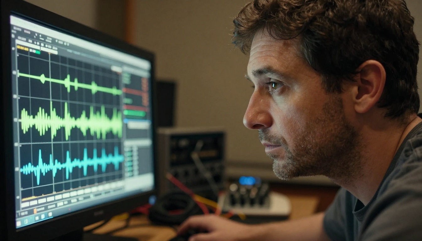 Audio engineer studying waveforms on a monitor in a dimly lit studio, amber monitor glow, 85mm f/1.4, Kodak Portra 400 film grain Audio engineer studying waveforms on a monitor in a dimly lit studio, amber monitor glow, 85mm f/1.4, Kodak Portra 400 film grain
