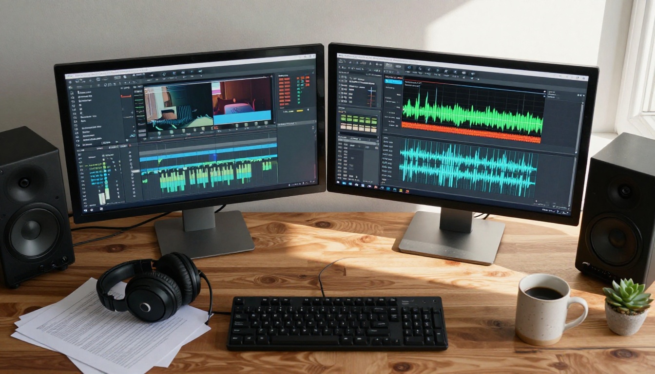 Overhead shot of a professional video editing workstation with two monitors showing timelines and waveforms, walnut desk, morning light, Kodak Portra 400 Overhead shot of a professional video editing workstation with two monitors showing timelines and waveforms, walnut desk, morning light, Kodak Portra 400