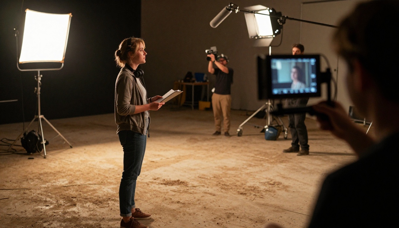 Filmmaker at a commercial sound stage with tungsten Fresnel lights, crew adjusting boom microphone, 50mm f/2.8, Kodak Portra 800 Filmmaker at a commercial sound stage with tungsten Fresnel lights, crew adjusting boom microphone, 50mm f/2.8, Kodak Portra 800