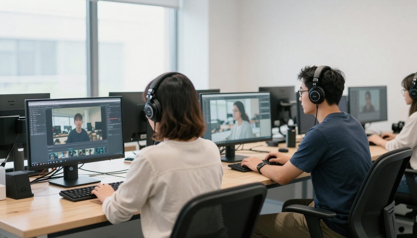 Two creative professionals side by side at workstations comparing video outputs with headphones on, natural skylight, Fujifilm Provia color rendering Two creative professionals side by side at workstations comparing video outputs with headphones on, natural skylight, Fujifilm Provia color rendering