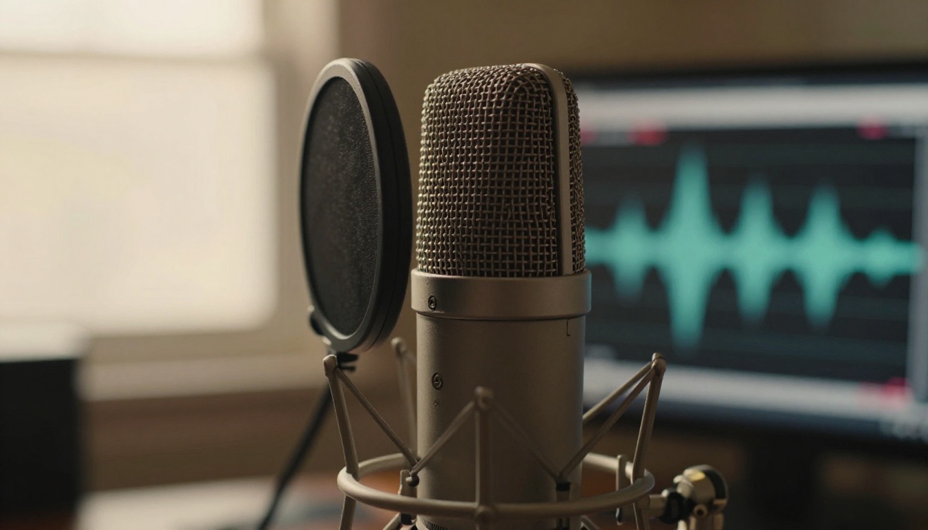 Studio microphone close-up with audio waveforms blurred in background, warm afternoon window light, 135mm f/2.0, Kodak Portra 400 grain Studio microphone close-up with audio waveforms blurred in background, warm afternoon window light, 135mm f/2.0, Kodak Portra 400 grain