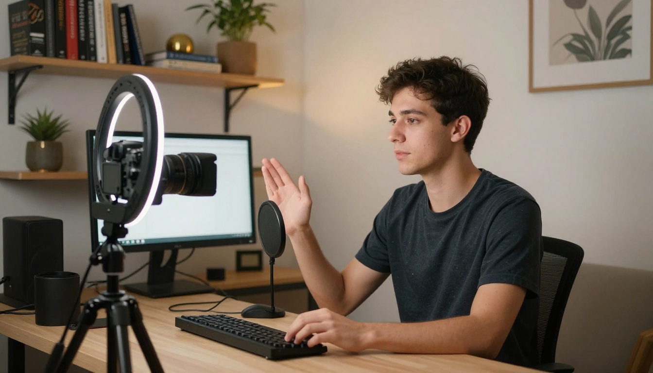 Young content creator in a small home studio recording himself in front of a camera and monitor, 50mm f/2.5, Kodak Portra 400 Young content creator in a small home studio recording himself in front of a camera and monitor, 50mm f/2.5, Kodak Portra 400