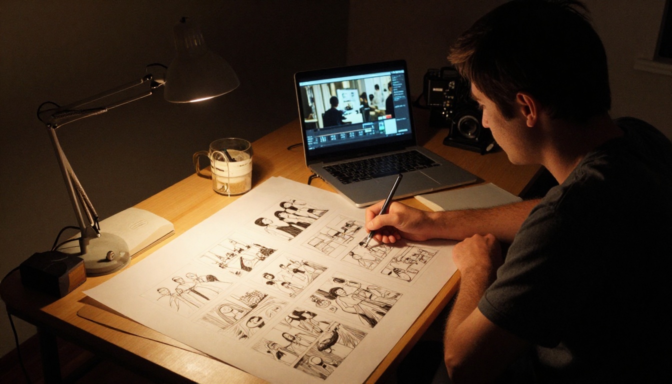 Storyboard artist at a slanted drawing table late at night, warm incandescent desk lamp, storyboard panels spread out, 35mm f/4, Kodak Tri-X grain Storyboard artist at a slanted drawing table late at night, warm incandescent desk lamp, storyboard panels spread out, 35mm f/4, Kodak Tri-X grain
