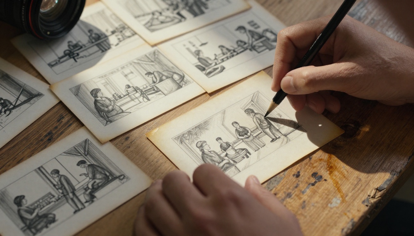 Filmmaker's hands arranging pencil-sketched storyboard cards on a weathered oak table, warm afternoon light from above