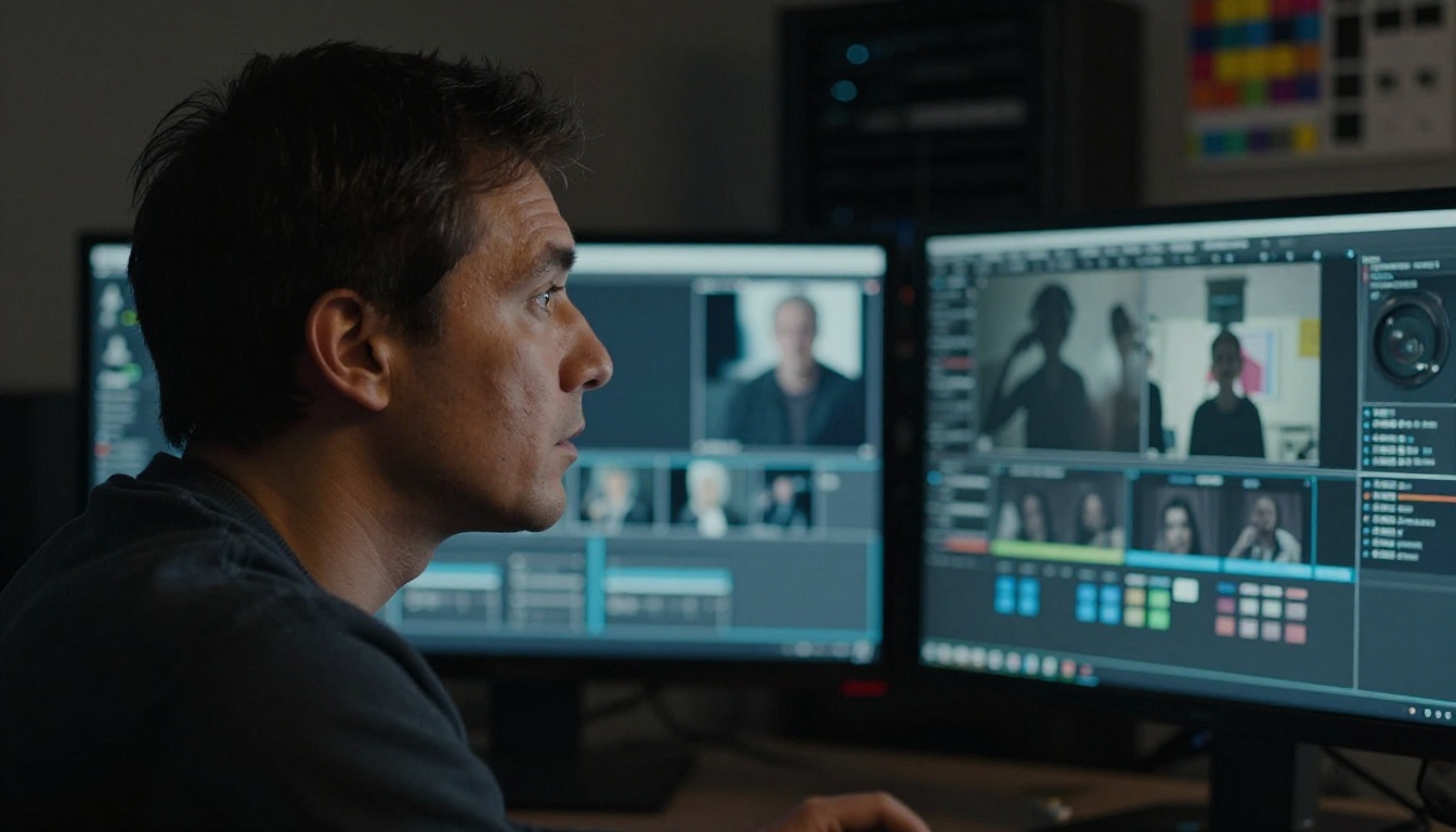 Video director watching playback on a professional monitor, face lit by the cold glow of multiple reference screens in a dark production suite