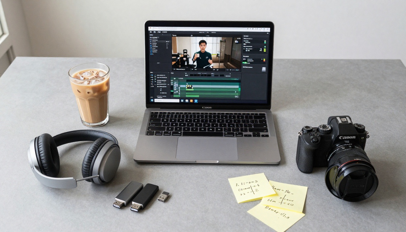 Overhead flat-lay of a content creator workspace: open laptop with video timeline, wireless headphones, mirrorless camera body, sticky notes with handwritten timestamps