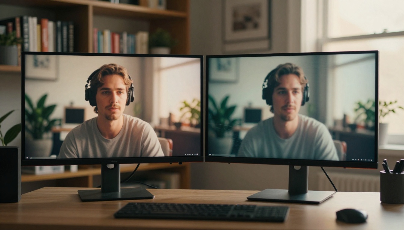 Two adjacent large monitors on a dual-arm stand showing side-by-side video comparison, warm afternoon light from the right window
