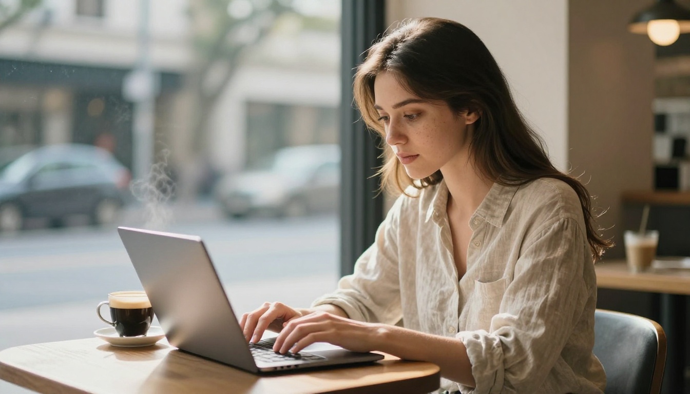 Young woman in casual linen shirt working on a slim laptop at a sunlit cafe window booth, morning espresso steaming nearby, outdoor street softly blurred behind floor-to-ceiling glass
