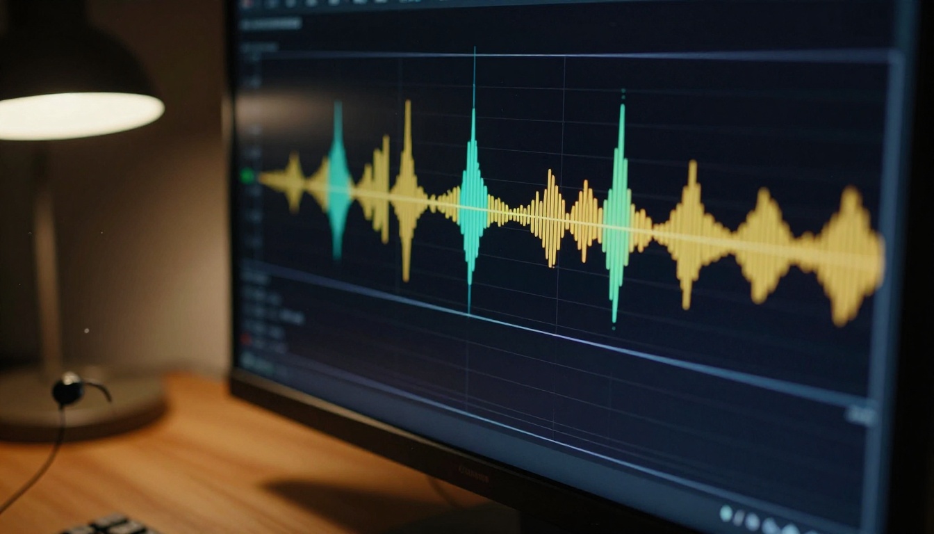 Extreme close-up of a professional audio waveform display on a dark screen, amber and teal frequency bars at full peak levels