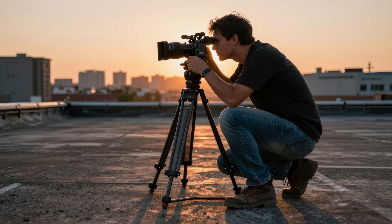 Low-angle view of a cinematographer crouching to frame a shot through a cinema camera on a rooftop, warm orange-pink sunset light, city skyline softly blurred in background