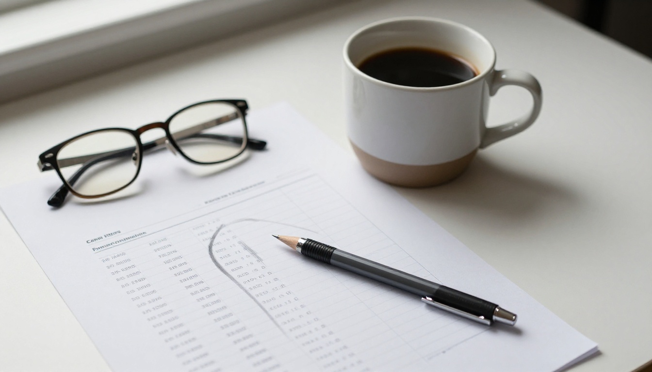 Clean minimalist desk with a printed cost comparison table, reading glasses resting on the edge, and a black coffee mug to the right