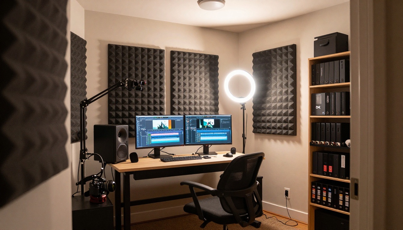 Wide-angle interior of a small home video production room: acoustic foam panels on two walls, standing desk with dual monitors, ring light, and shelving with hard drives