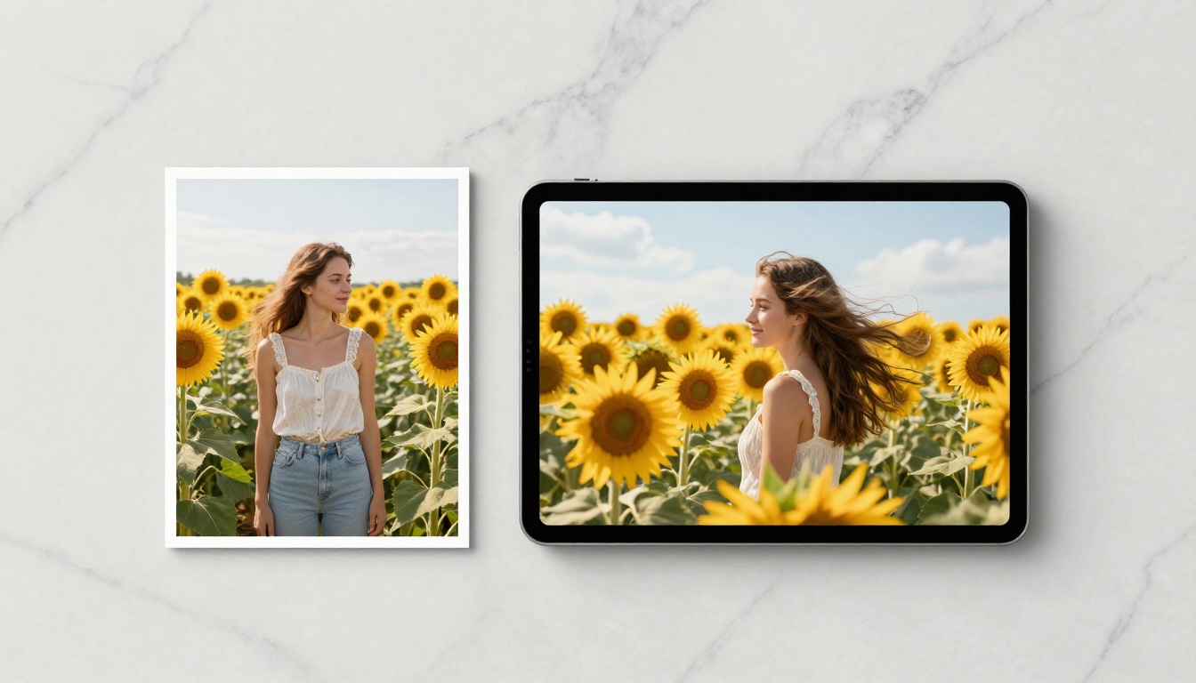 Printed photograph next to animated tablet display comparison on marble surface
