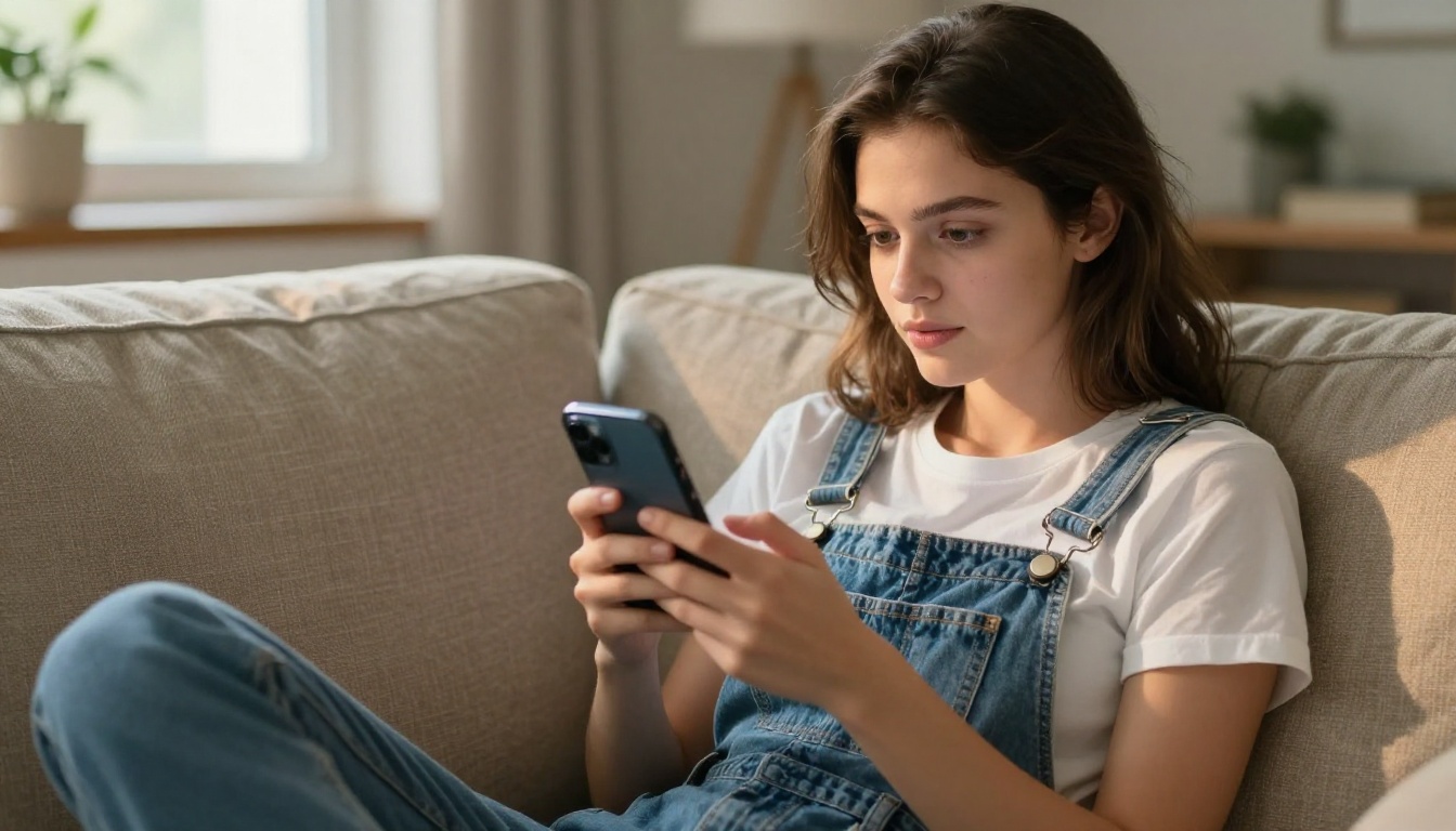 Content creator scrolling AI-generated video clips on phone on beige sofa