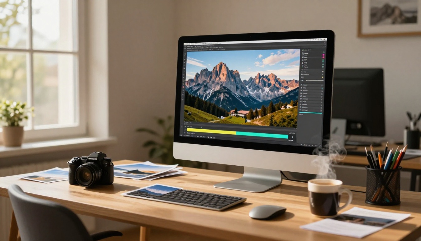 Wide workspace view with iMac showing travel photo being processed through AI video interface