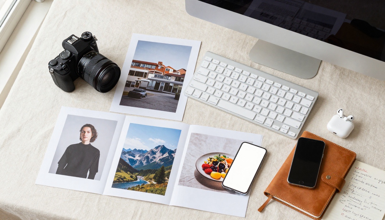 Aerial overhead flat lay of creative studio with camera, photos, keyboard and devices on linen