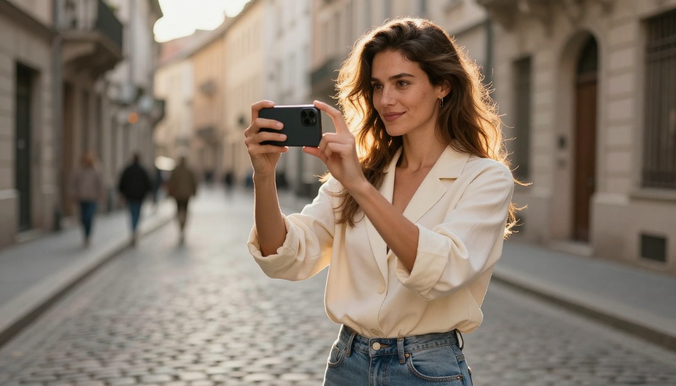 Female social media creator filming content outdoors on European city street golden afternoon light