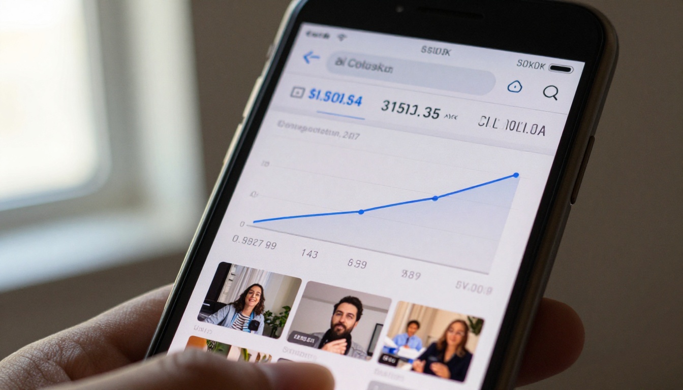 Smartphone analytics dashboard showing AI-generated video performance with rising engagement graph