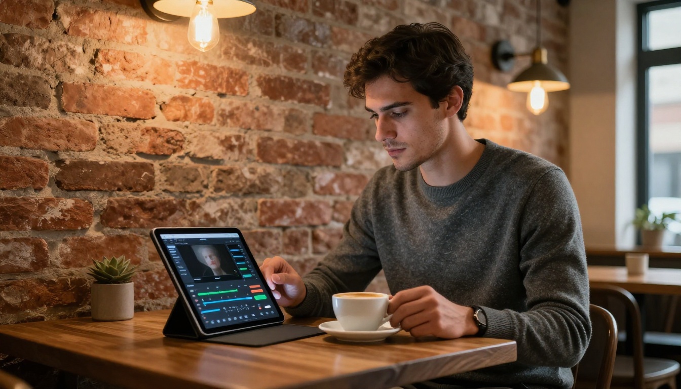 Young professional man adjusting AI video settings on tablet in warm cafe with brick wall background