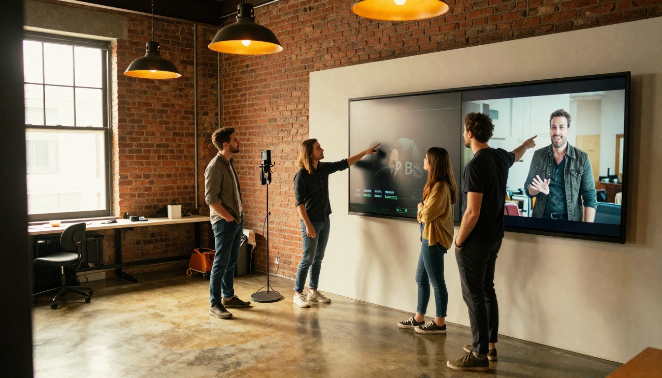 Creative team reviewing AI-generated ad on a studio screen