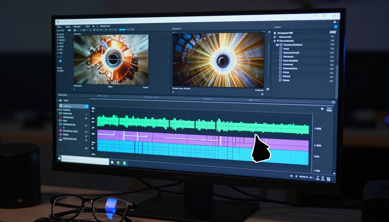 Professional video editing timeline with AI-generated clip segments