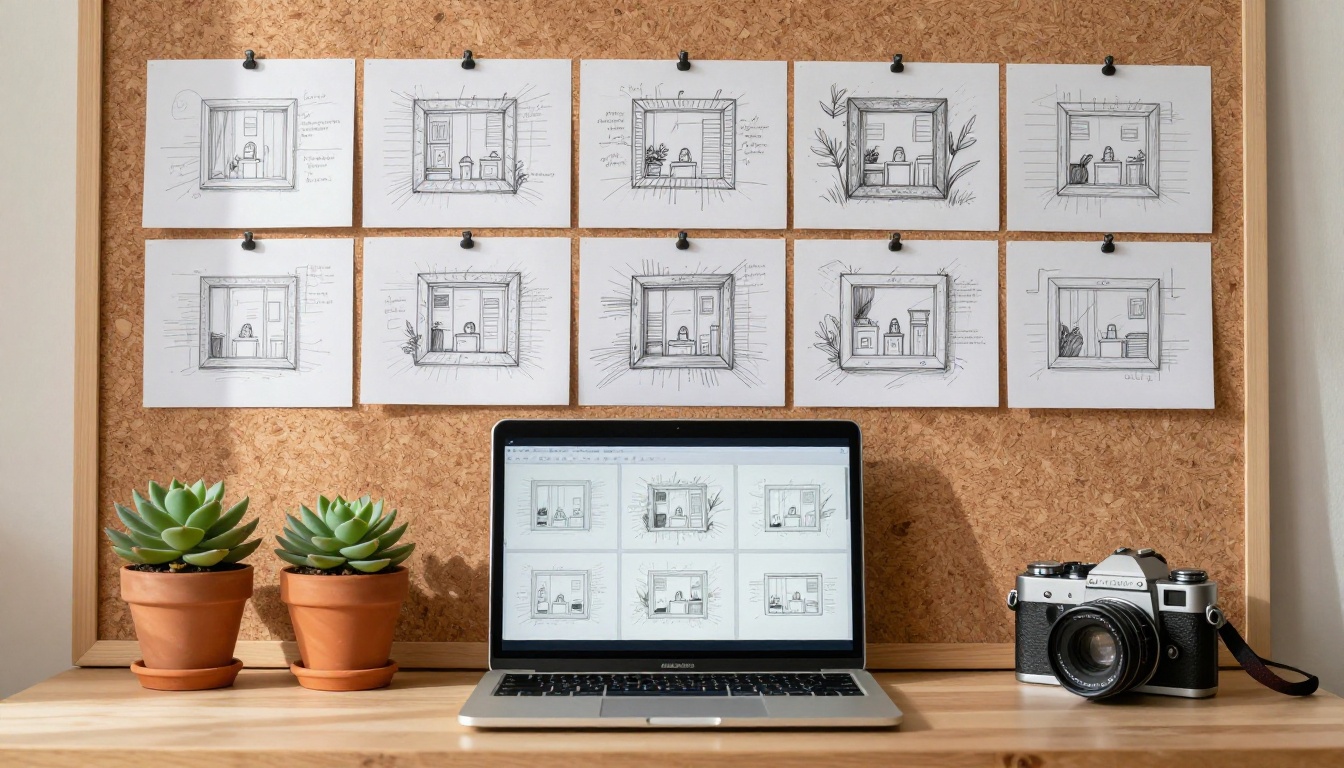 Storyboard sketches next to AI-generated video frames on a laptop
