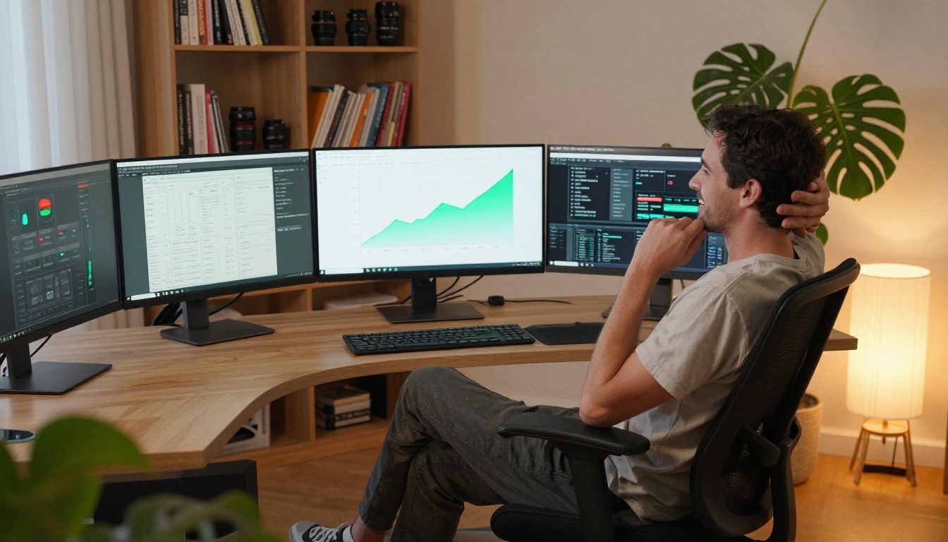 Home office setup with YouTube campaign performance results on screen