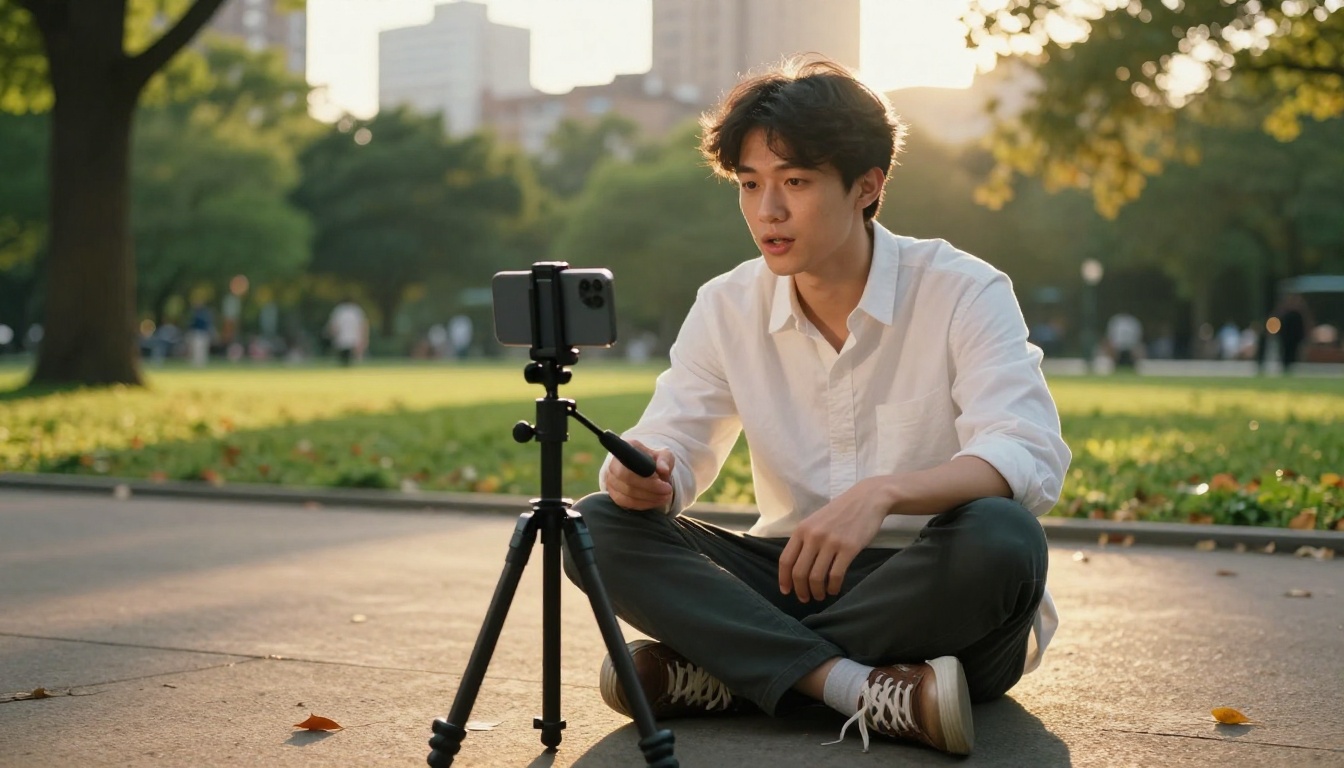 Male creator filming outdoors with phone on tripod Male creator filming outdoors with phone on tripod