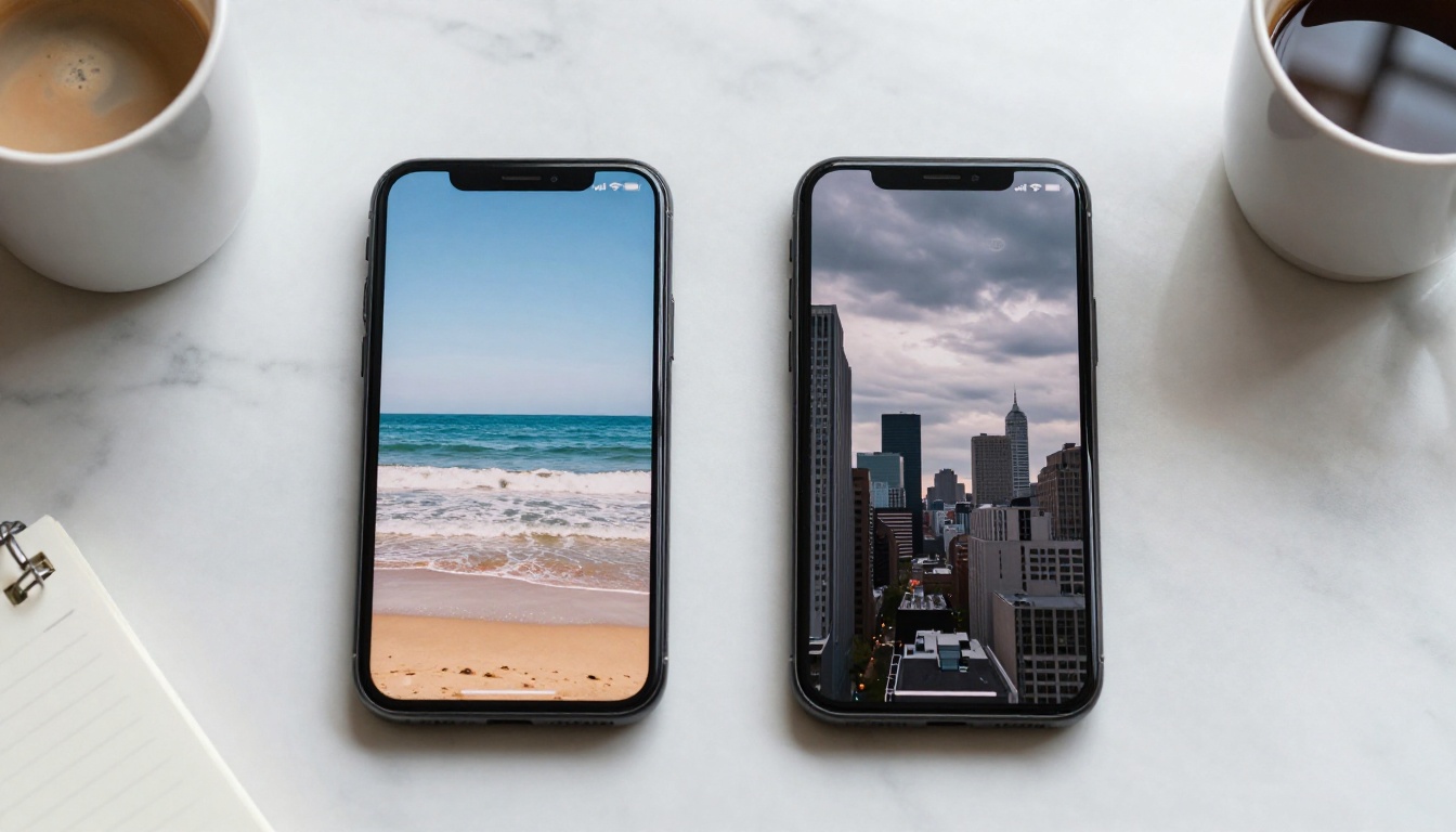Two phones showing different AI video stills side by side on marble table Two phones showing different AI video stills side by side on marble table