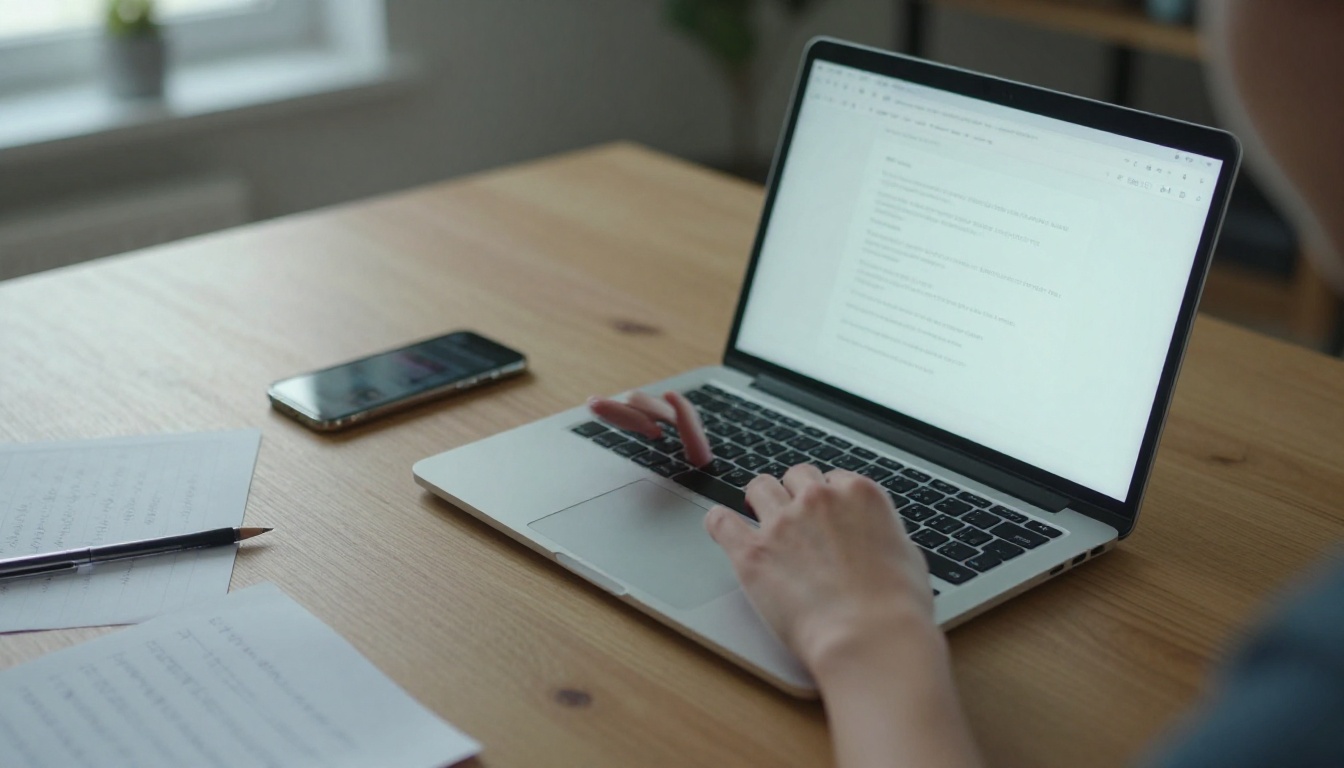Woman typing prompt on laptop keyboard at wooden desk Woman typing prompt on laptop keyboard at wooden desk