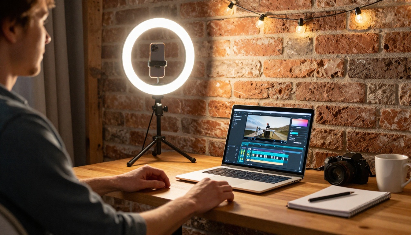 Home studio setup with ring light, laptop, and editing timeline Home studio setup with ring light, laptop, and editing timeline