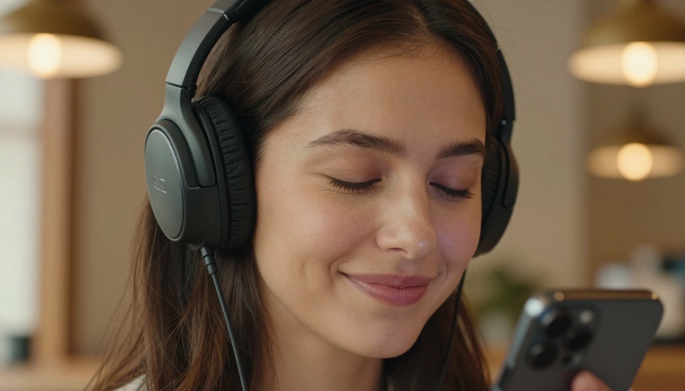 Woman with headphones enjoying audio content from her phone Woman with headphones enjoying audio content from her phone