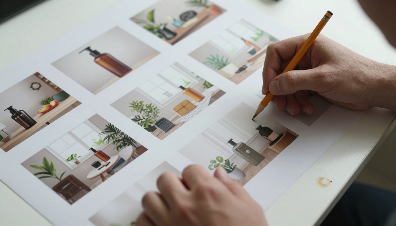 Storyboard frames arranged on a planning table Storyboard frames arranged on a planning table