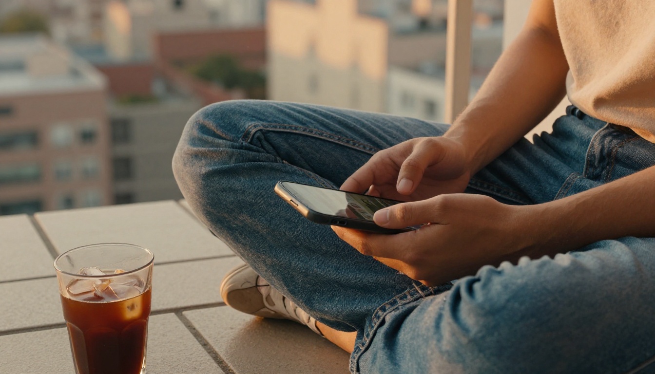 Person scrolling through Reels on phone on balcony at golden hour Person scrolling through Reels on phone on balcony at golden hour