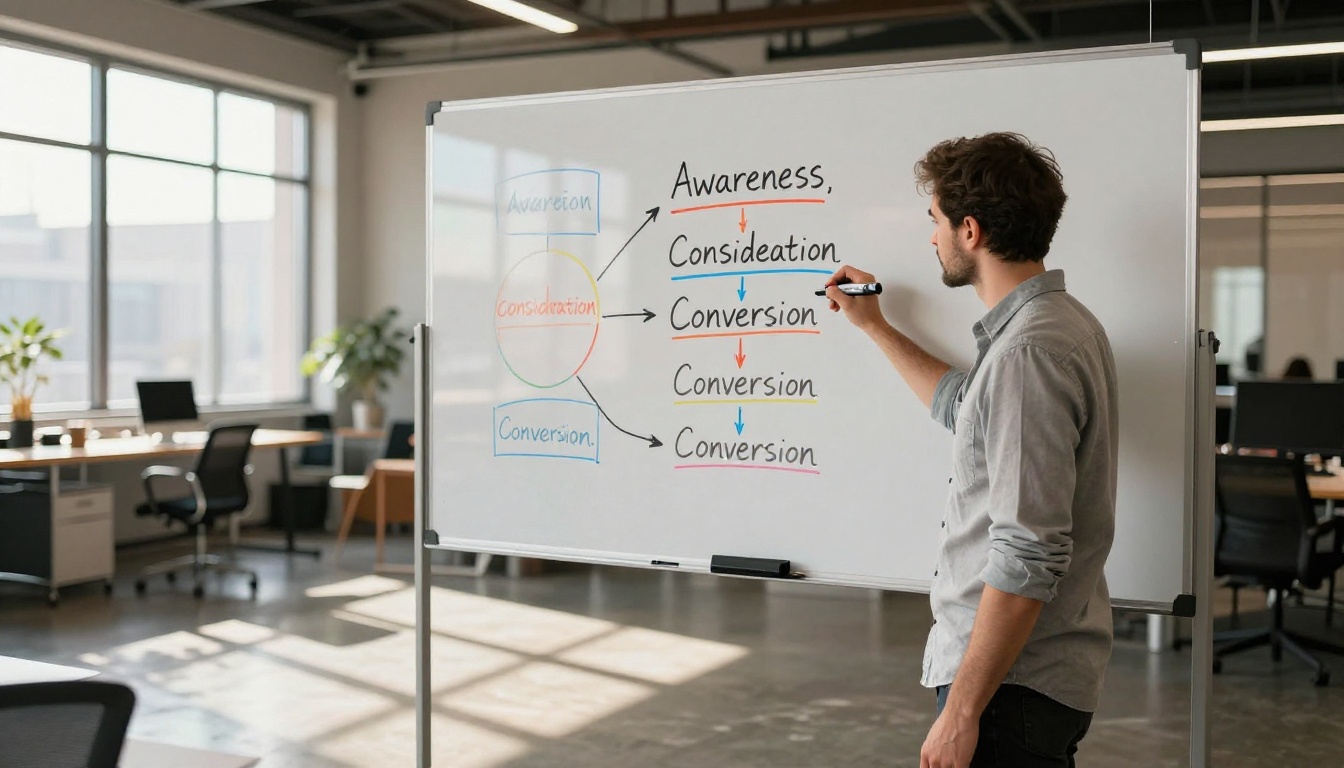 Campaign strategist writing funnel diagram on whiteboard Campaign strategist writing funnel diagram on whiteboard