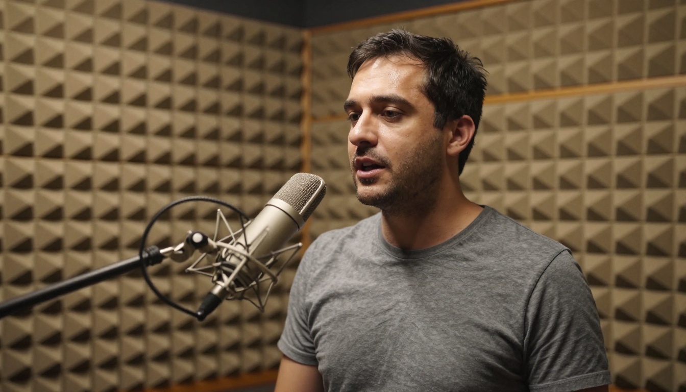 A sound recordist speaking into a studio microphone in a professional recording booth